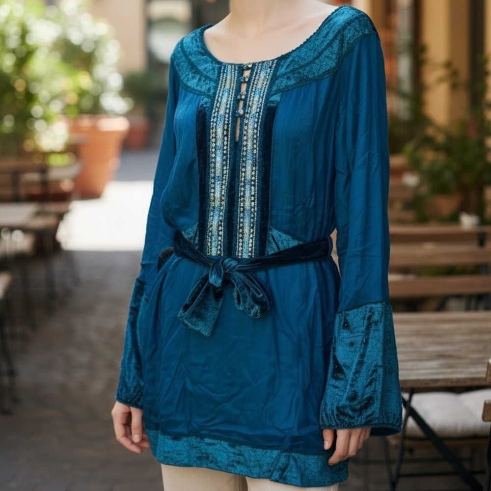 Veranesi Vibrant Teal Tunic with Velvet and Embroidered Accents Plus Size 4X